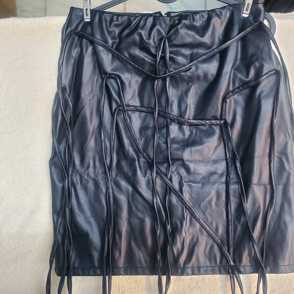 Black Faux Leather Skirt with Fringe Detail